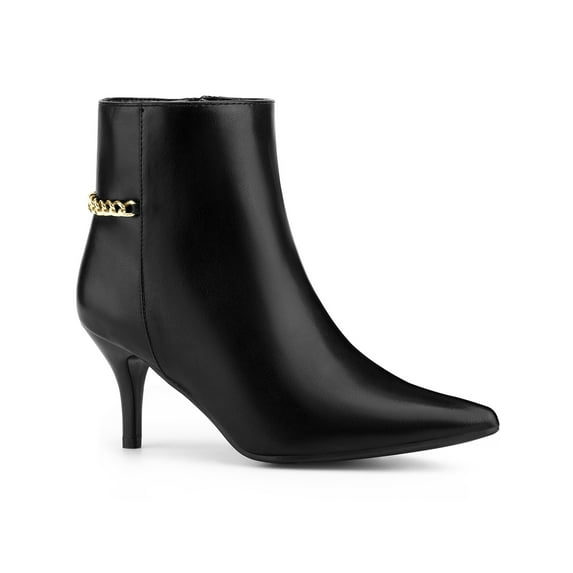 BLISSFUL STEP Women's Ankle Boots Kitten Heel Pointed Toe Zipper Chain Decor Booties Black 8.5