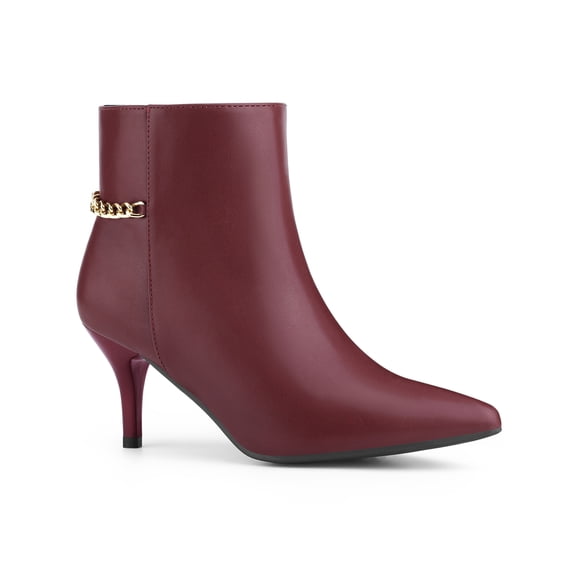 BLISSFUL STEP Women's Ankle Boots Kitten Heel Pointed Toe Zipper Chain Decor Booties Burgundy 8.5