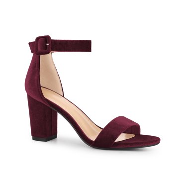 BLISSFUL STEP High Block Heel Buckle Ankle Strap Sandals for Women Burgundy 7
