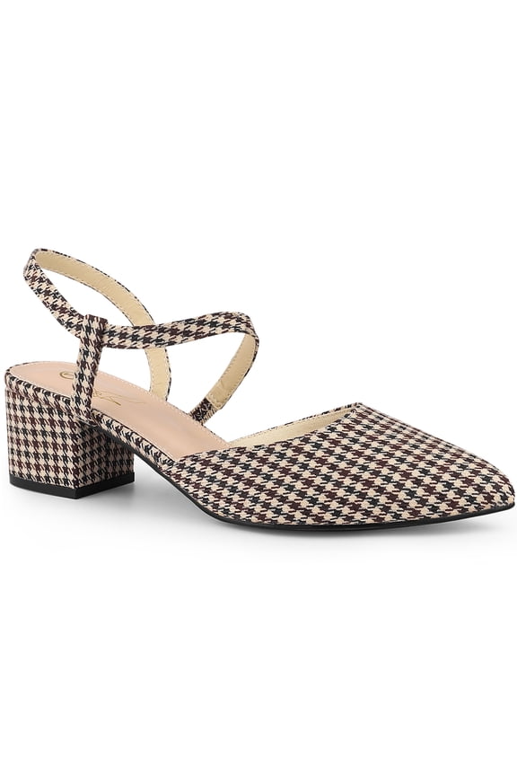 Houndstooth Slip on Block Heels Mules for Women Khaki (Size 8)