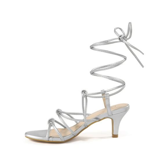 BLISSFUL STEP Knot Lace Up Slingback Kitten Heel Sandals for Women Silver 9.5