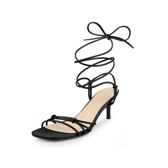 BLISSFUL STEP Knot Lace Up Strappy Square Toe Kitten Heel Sandals for Women Black 8