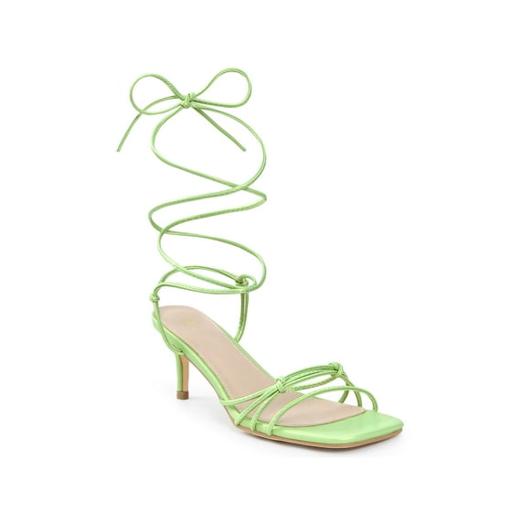 BLISSFUL STEP Knot Lace Up Strappy Square Toe Kitten Heel Sandals for Women Fluorescent Green 11