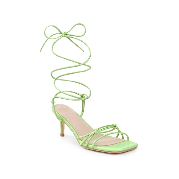 BLISSFUL STEP Knot Lace Up Strappy Square Toe Kitten Heel Sandals for Women Fluorescent Green 7