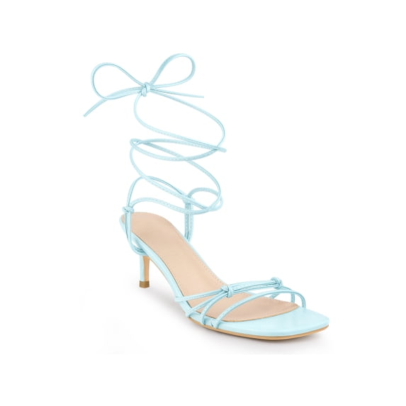BLISSFUL STEP Women's Heels Knot Lace Up Strappy Square Toe Kitten Heel Sandals Light Blue 6
