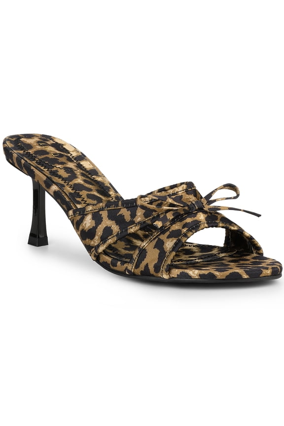 Knot Open Toe Slip On Mules Satin Stiletto Heel Sandals for Women Leopard (Size 10)