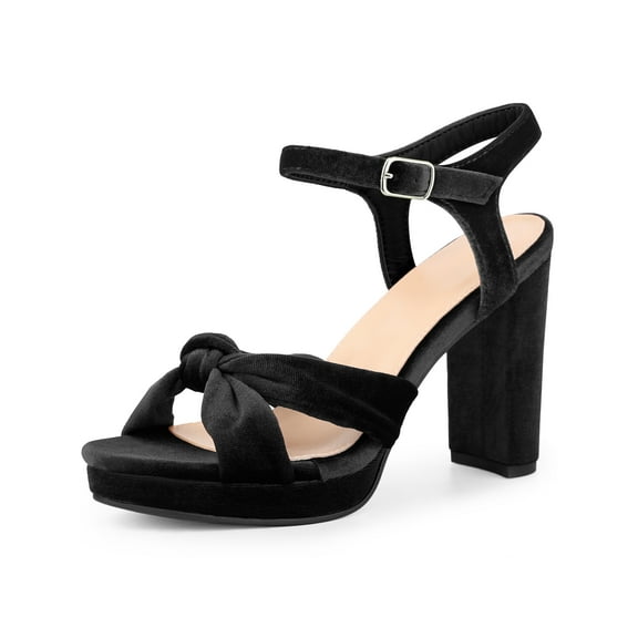 BLISSFUL STEP Knot Platform Slingback Faux Velvet Block Heel Sandals for Women