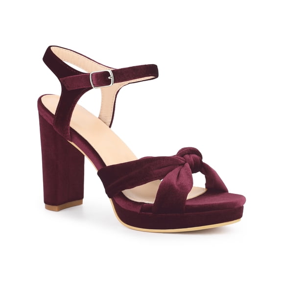 BLISSFUL STEP Knot Platform Slingback Faux Velvet Block Heel Sandals for Women