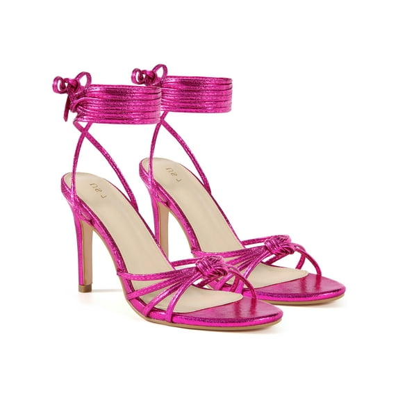BLISSFUL STEP Knot Strap Lace Up Stiletto Heel Sandals for Women Hot Pink 5.5