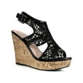 thumbnail image 1 of BLISSFUL STEP Lace Ankle Strap Platform Wedges Heel Sandals for Women Black 6, 1 of 7