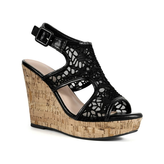 BLISSFUL STEP Lace Ankle Strap Platform Wedges Heel Sandals for Women Black 8