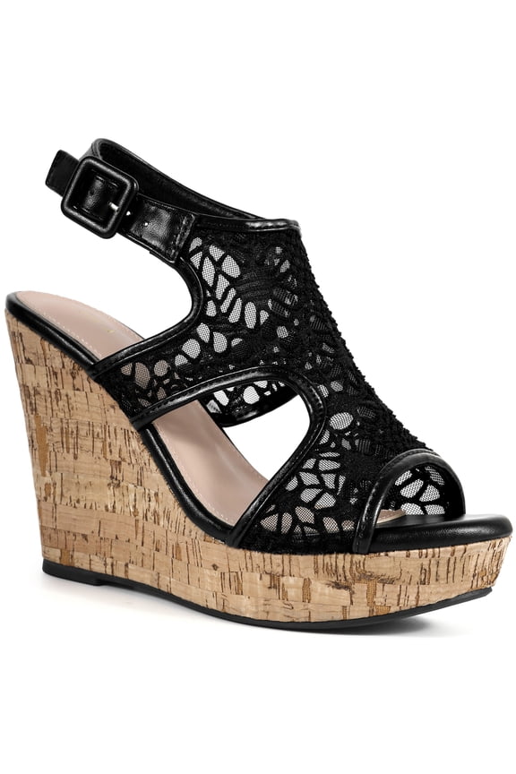 Lace Ankle Strap Platform Wedges Heel Sandals for Women Black 8