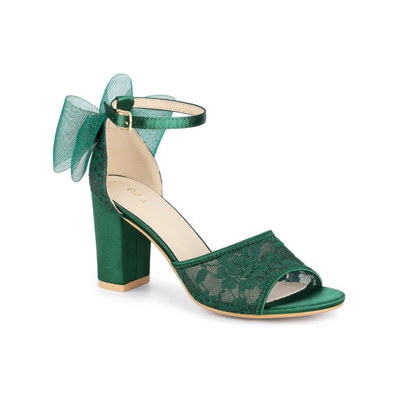 BLISSFUL STEP Women's Chunky Heel Sandals Open Toe Ankle Strap Lace Bow Heels Dark Green 7