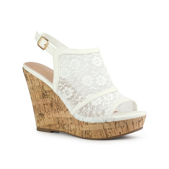 BLISSFUL STEP Inspired Women's Shoes Lace Platform Wedge Slingback Open Toe Buckle Sandals White 5.5
