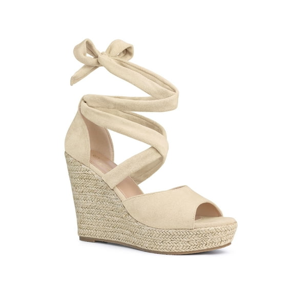 BLISSFUL STEP Lace Up Espadrilles Wedges Heels Sandals for Women Beige 10