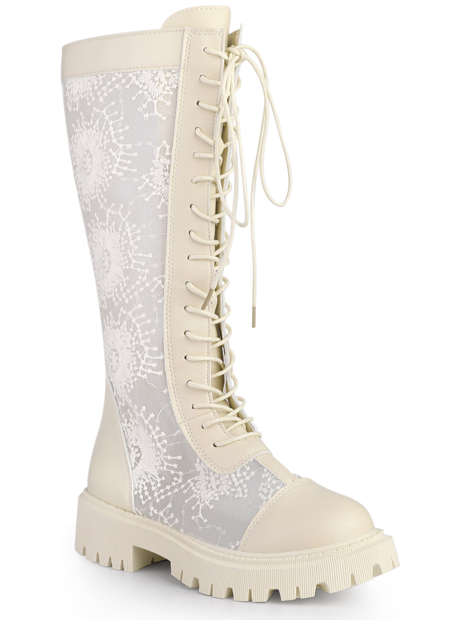 lace mesh insert chunky heeled boots