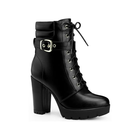 BLISSFUL STEP Women's Ankle Boots Chunky Heel Lace Up Buckle Platform Side Zipper Round Toe Boots Black 8