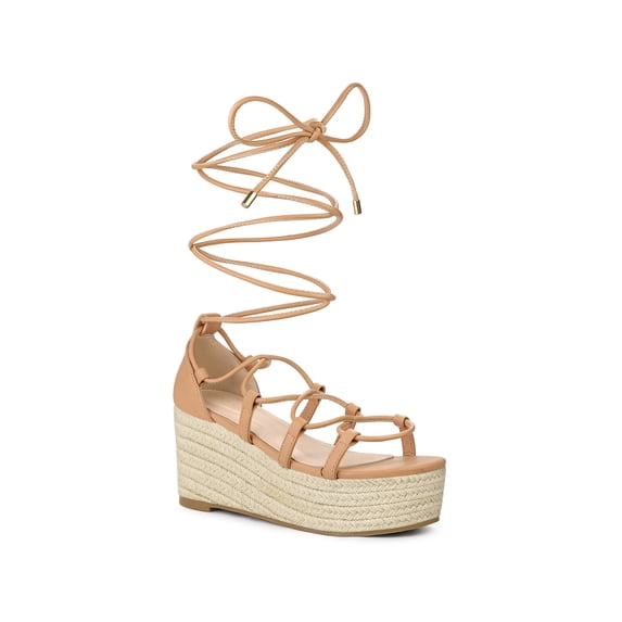 BLISSFUL STEP Lace Up Platform Wedge Heel Strappy Sandals for Women Nude 6