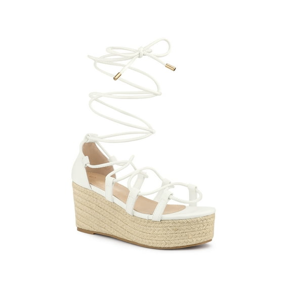 BLISSFUL STEP Lace Up Platform Wedge Heel Strappy Sandals for Women White 7.5