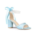 thumbnail image 1 of BLISSFUL STEP Lace Up Sandal Open Toe Chunky Satin Heel Pearl High Heels Sandals for Women Light Blue 10, 1 of 7