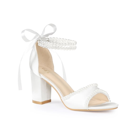 BLISSFUL STEP Lace Up Sandal Open Toe Chunky Satin Heel Pearl High Heels Sandals for Women White 8