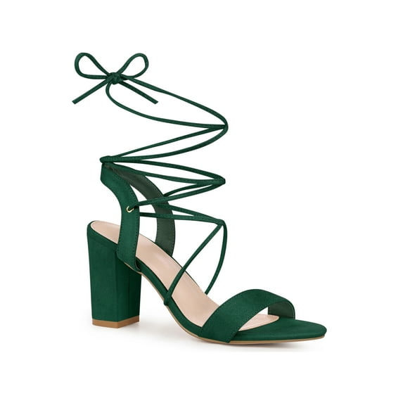 BLISSFUL STEP Lace Up Slingback Block High Heels Sandals for Women