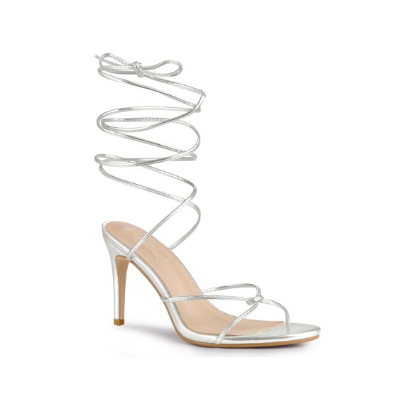 BLISSFUL STEP Lace Up Slingback Strappy Stiletto Heels Sandals for Women Silver 8
