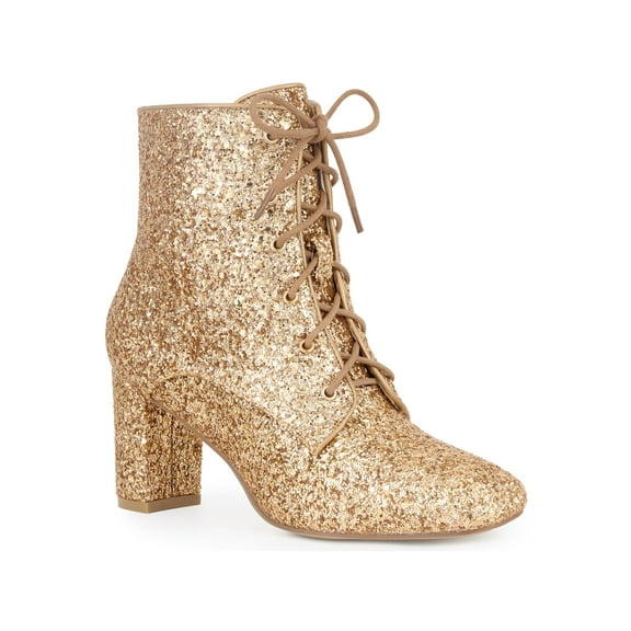 BLISSFUL STEP Women's Ankle Boots Chunky Heel Lace Up Side Zip Square Toe Party Boots Rose Gold 10