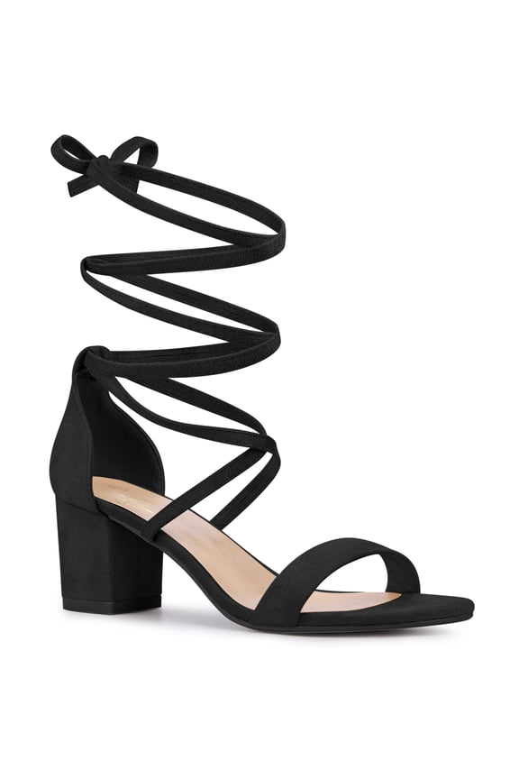 Lace Up Strappy Block Mid Heels Sandals for Women Black (Size 7.5)