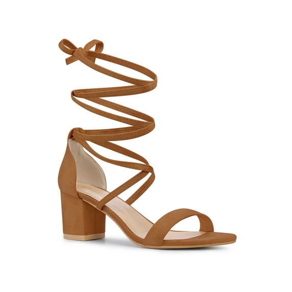 BLISSFUL STEP Lace Up Strappy Block Mid Heels Sandals for Women Brown (Size 10.5)