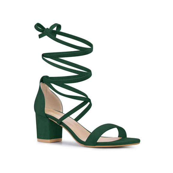 BLISSFUL STEP Lace Up Strappy Block Mid Heels Sandals for Women Green (Size 9)