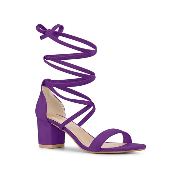 BLISSFUL STEP Lace Up Strappy Block Mid Heels Sandals for Women Purple (Size 7)