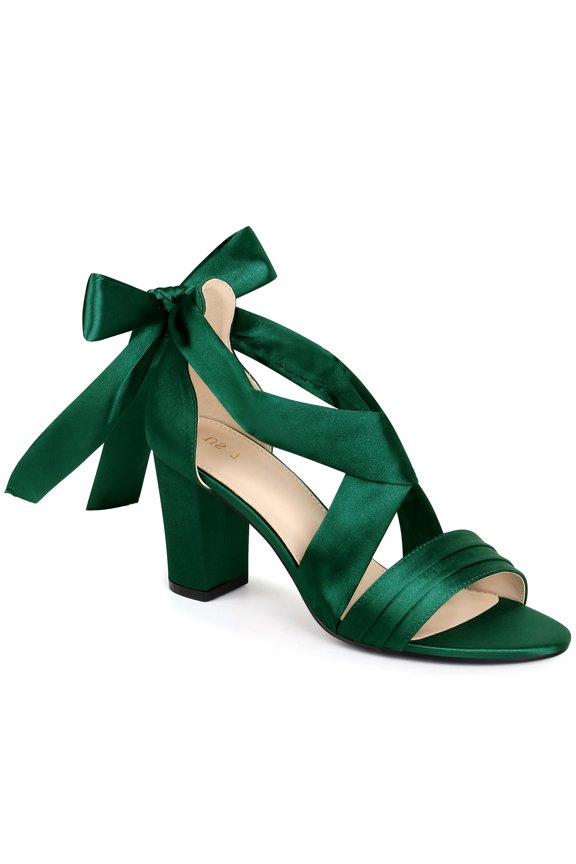 Perphy Lace Up Strappy Heel Satin Block Heels Sandals for Women Dark Green (Size 6)