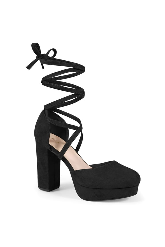 Lace Up Strappy Platform Block Heels Pumps for Women Black 7