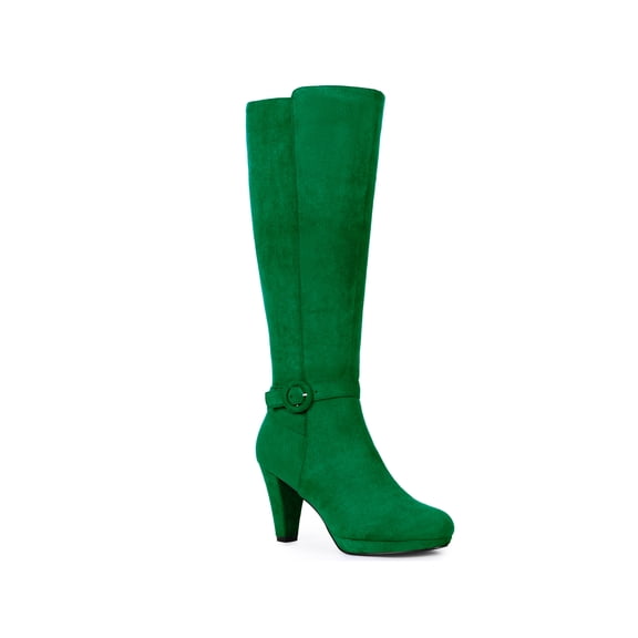 BLISSFUL STEP Women's Boots Knee High Faux Suede Chunky Heel Round Toe Zip Up Buckle Boots Royal Blue 9