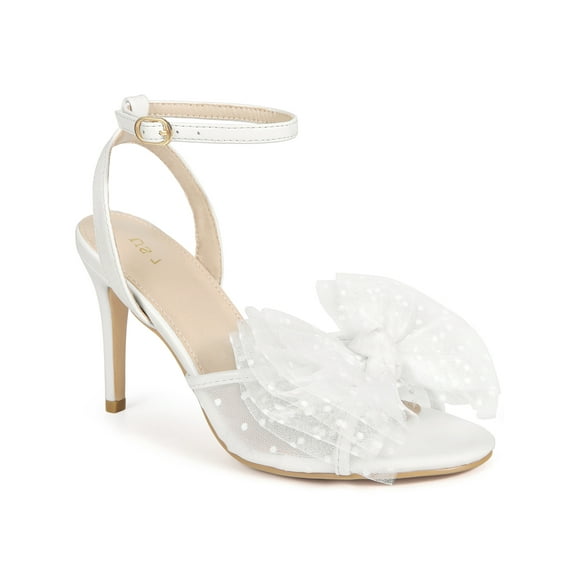 BLISSFUL STEP Mesh Bow Ankle Strap Slingback Stiletto Heels Sandals for Women White 10