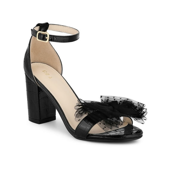 BLISSFUL STEP Women's Shoes Stone Pattern Chunky Heel Ankle Strap Open Toe Mesh Bow Sandals Black 6.5