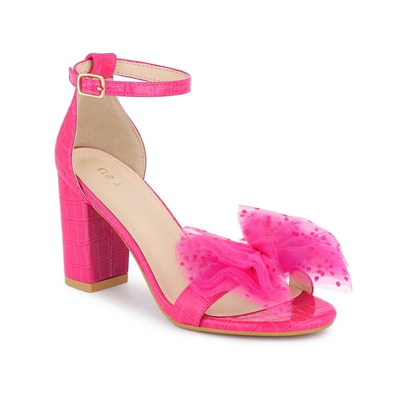 BLISSFUL STEP Women's Shoes Stone Pattern Chunky Heel Ankle Strap Open Toe Mesh Bow Sandals Hot Pink 8.5