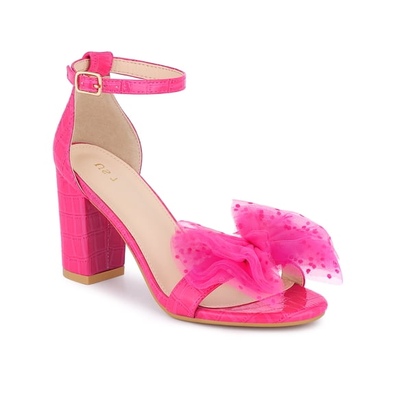 BLISSFUL STEP Women's Shoes Stone Pattern Chunky Heel Ankle Strap Open Toe Mesh Bow Sandals Hot Pink 8