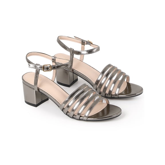 BLISSFUL STEP Open Toe Ankle Strap Slingback Chunky Heel Sandals for Women Gun 5