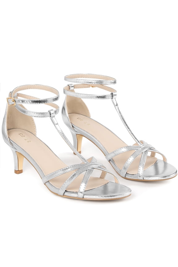 Open Toe Ankle Strap Slingback Kitten Heels Sandals for Women Silver 7