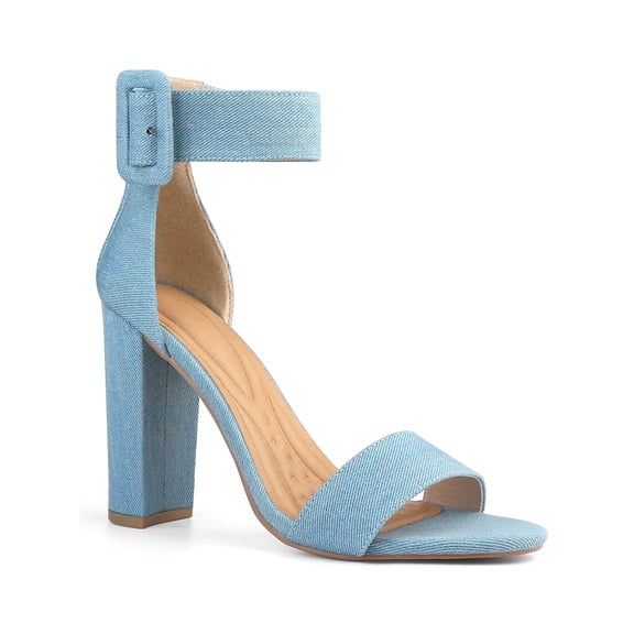 BLISSFUL STEP Open Toe Ankle Straps Block Heel Sandals for Women Denim Blue 10