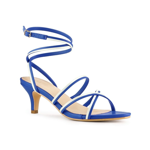 BLISSFUL STEP Open Toe Contrasting Color Kitten Heels Sandals for Women Blue White (Size 8)