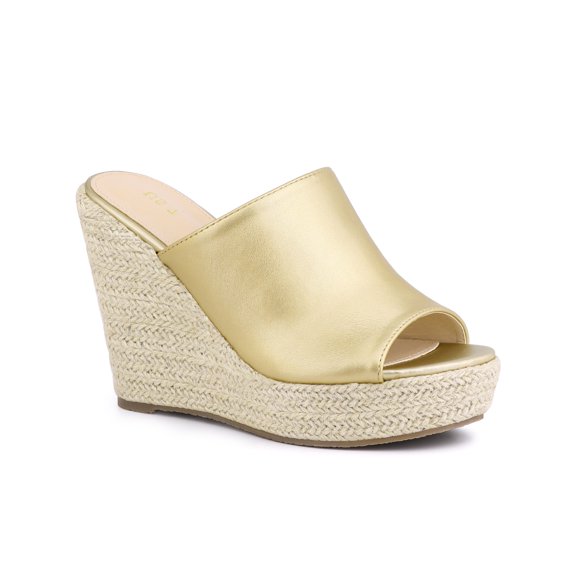 BLISSFUL STEP Open Toe Espadrille Wedge Heel Platform Slide Sandal for Women Gold 7.5