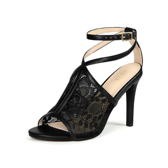 BLISSFUL STEP Open Toe Lace Ankle Strap Stiletto Heel Sandals for Women Black 7.5