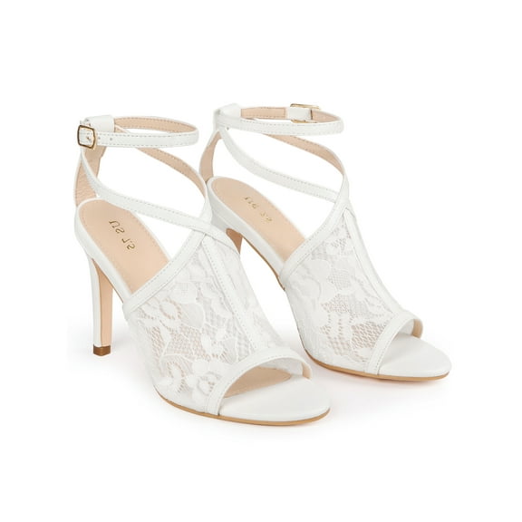 BLISSFUL STEP Open Toe Lace Ankle Strap Stiletto Heel Sandals for Women White 8.5