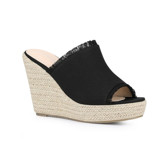 BLISSFUL STEP Open Toe Platform Espadrille Denim Wedge Heel Slide Sandal for Women Black 5.5