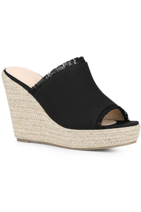 Open Toe Platform Espadrille Denim Wedge Heel Slide Sandal for Women Black 5.5