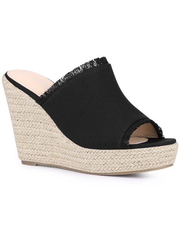 Open Toe Platform Espadrille Denim Wedge Heel Slide Sandal for Women Black 7