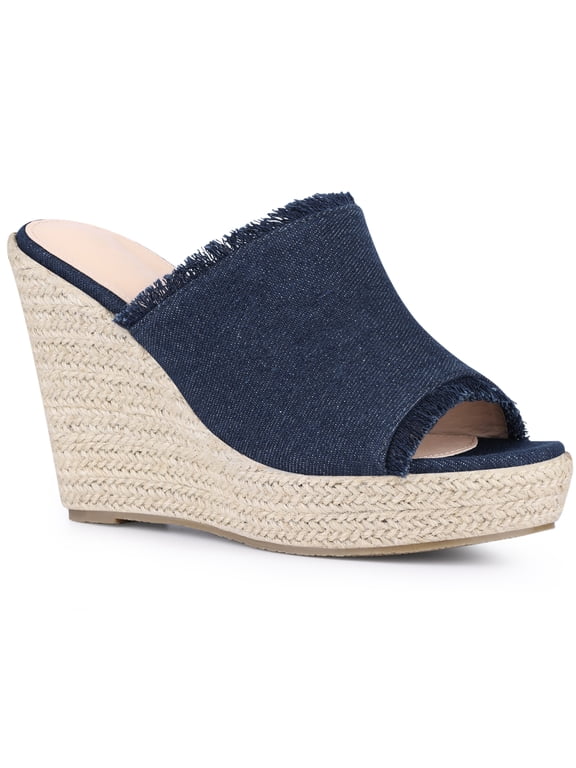 Open Toe Platform Espadrille Denim Wedge Heel Slide Sandal for Women Dark Blue 5.5